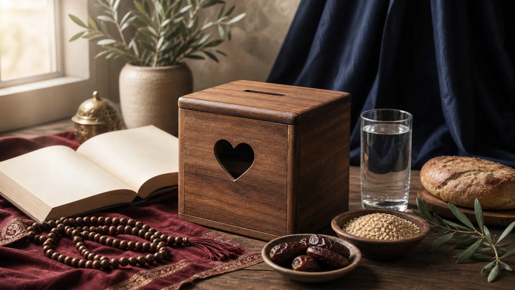 A wooden donation box beside prayer beads, a book, bread, dates, grain, and water